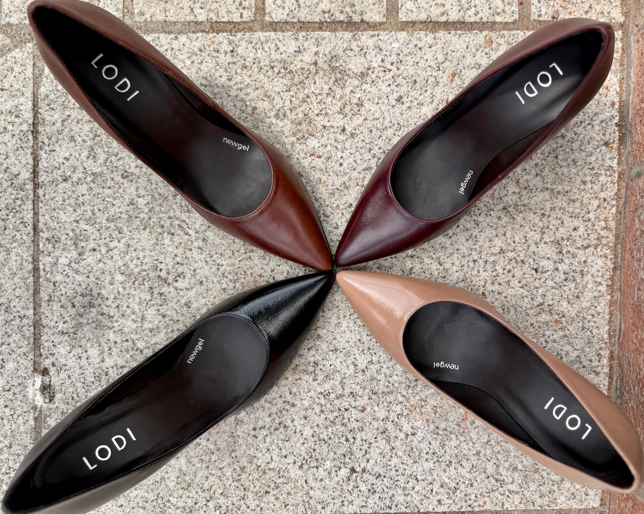 Lodi Roa leather pointed toe court shoes in black, cognac, burgundy and nude colourways