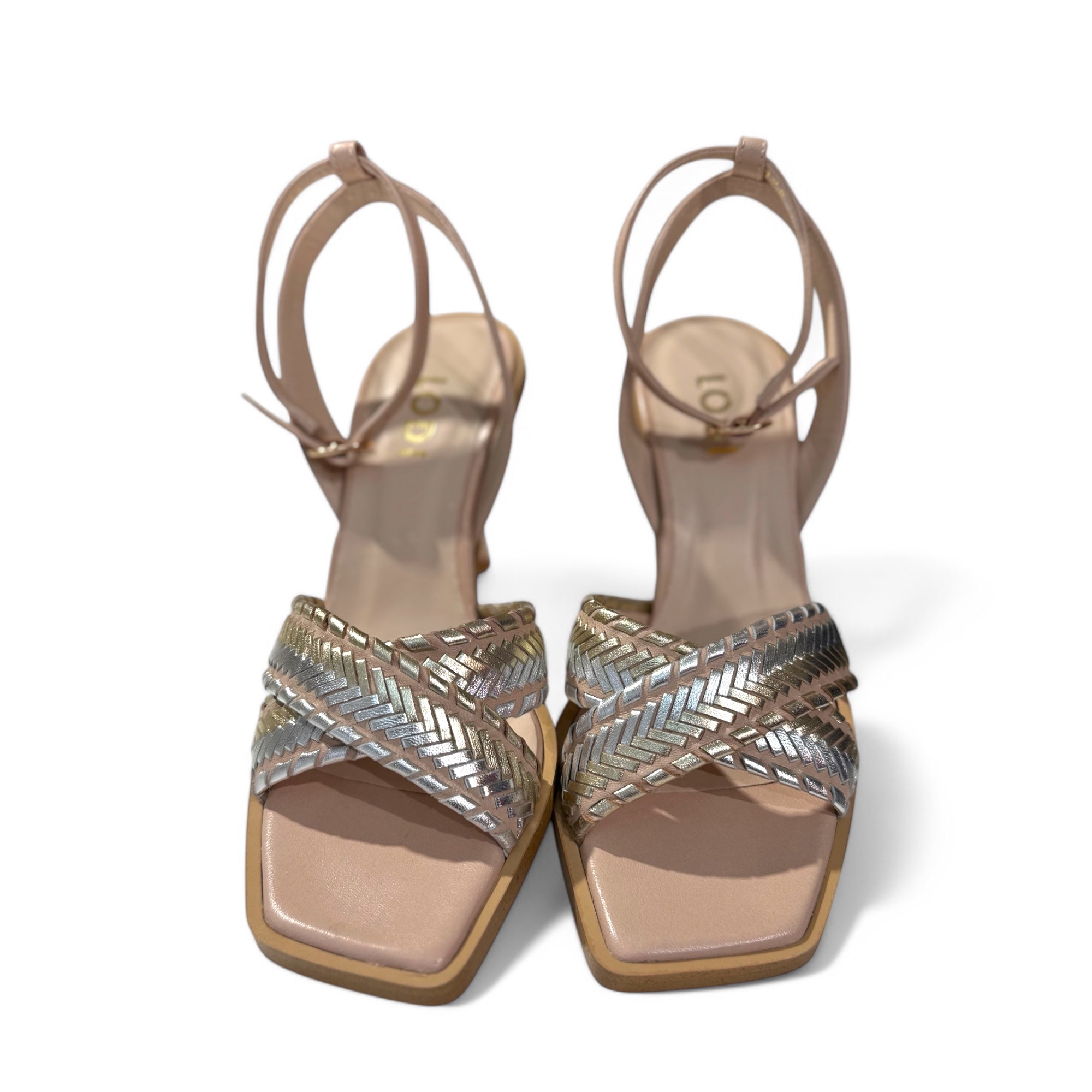 Front view of Lodi Werune sandals featuring metallic criss-cross straps and nude square toe design