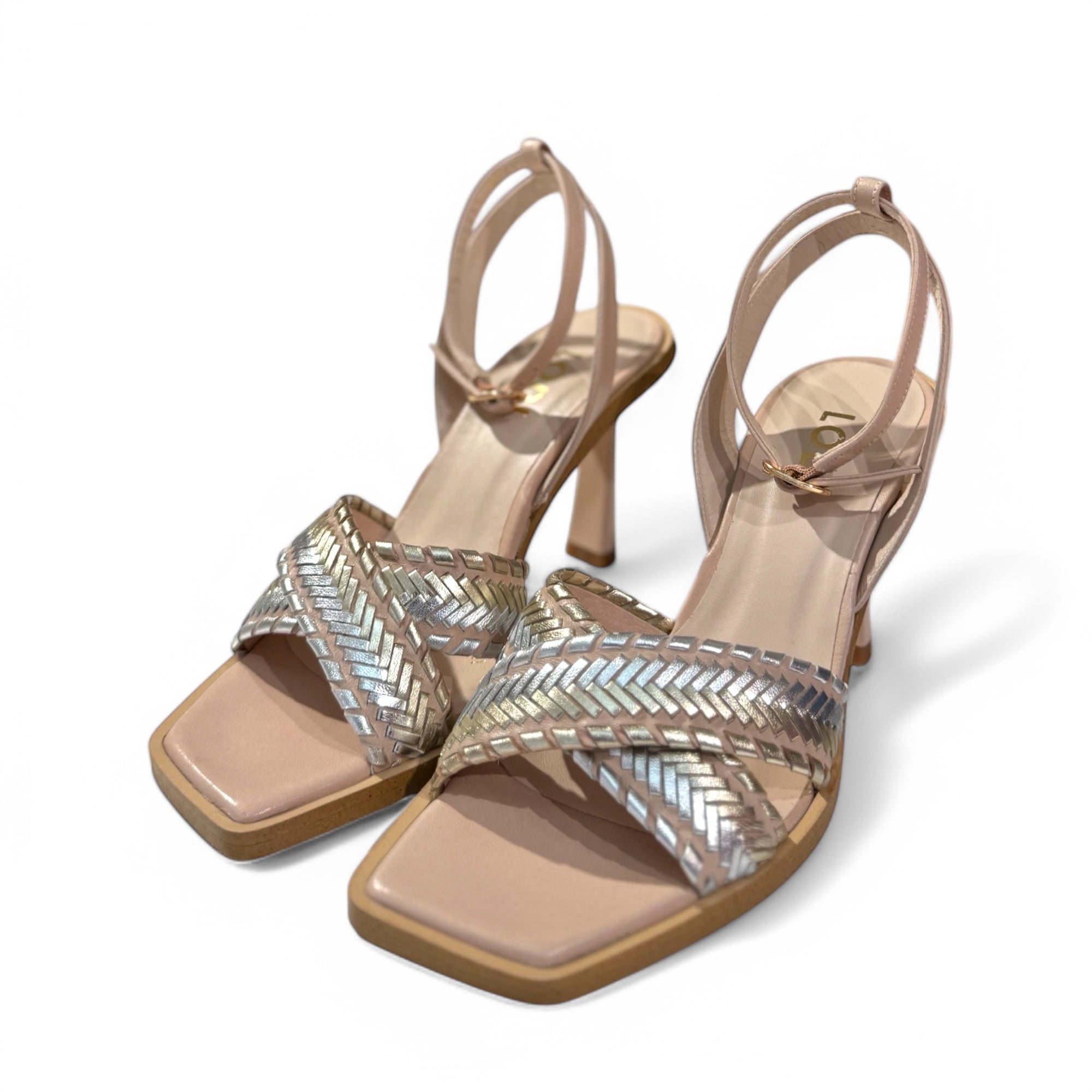 Lodi Werune nude pink high heel sandals with metallic crossover straps and square toe