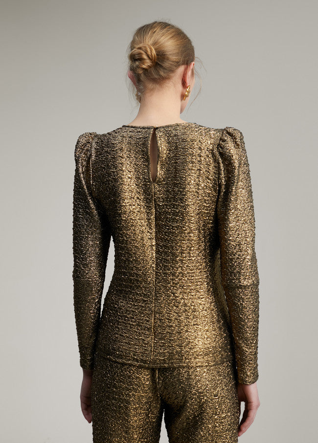 Lola Casademunt Gold Puff Sleeve Textured Top From Back