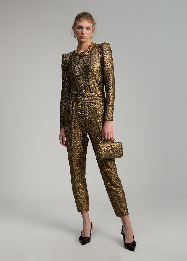  Lola Casademunt Gold Puff Sleeve Textured Top