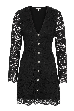 Love Lolina Riley black lace mini dress with pearl buttons and V neckline