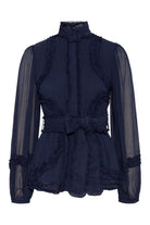 Love Lolina Violetta high-neck blouse with long sheer sleeves in navy