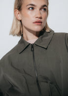 Luje Blaze khaki bomber jacket collar and zip detail