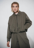 Luje Blaze khaki pleated bomber jacket front view on model