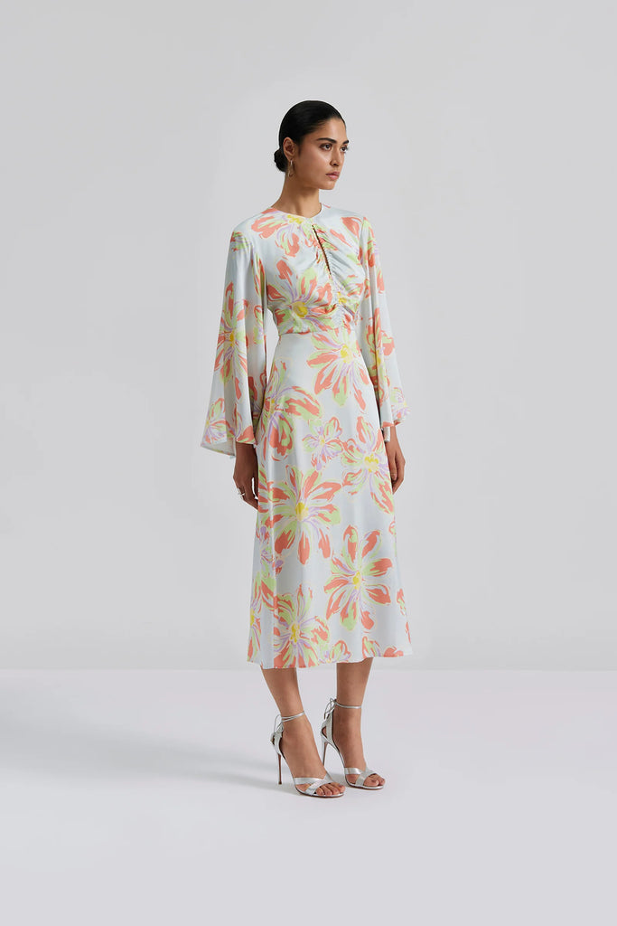 Malina Isadora Trumpet Sleeve Floral Print Midi Dress