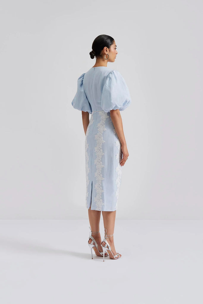 Malina Rudy Blue Embroidered Linen Midi Dress From The Back