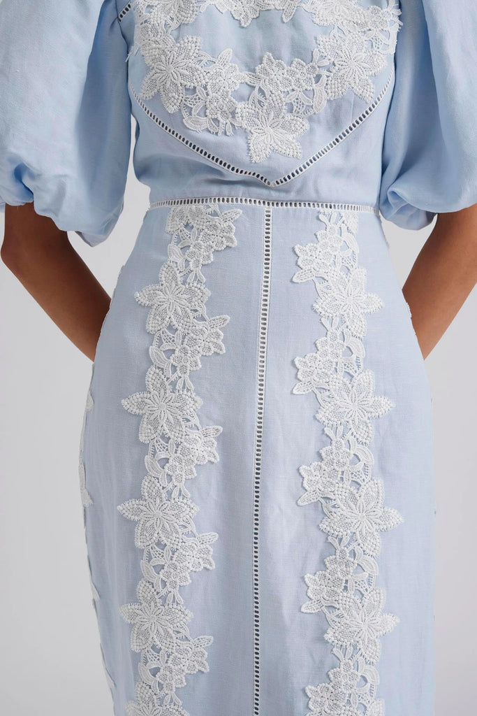 Malina Rudy Blue Embroidered Lace Linen Midi Dress