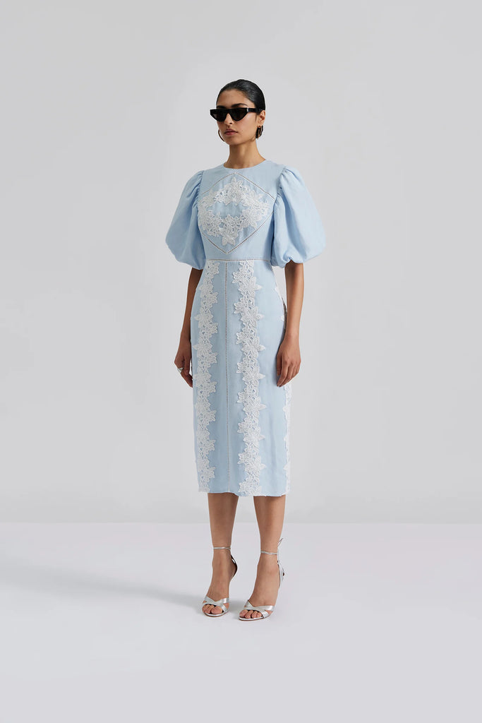 Malina Rudy Blue Embroidered Linen Midi Dress With Puff Sleeves 