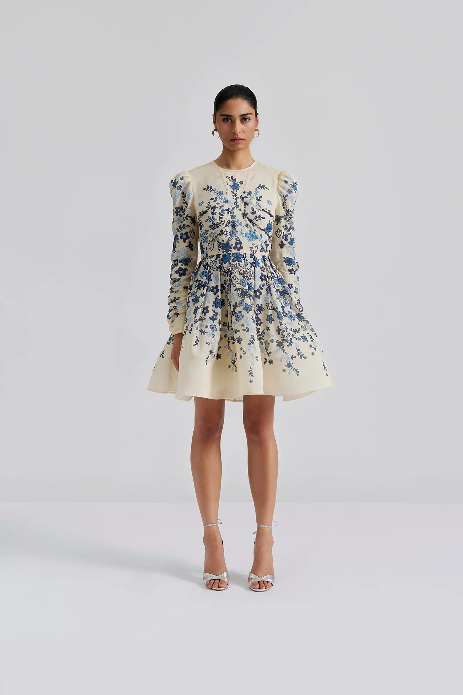 Malina Leoni Cream Blue Silk Mini Dress Elegant Occasion Wear