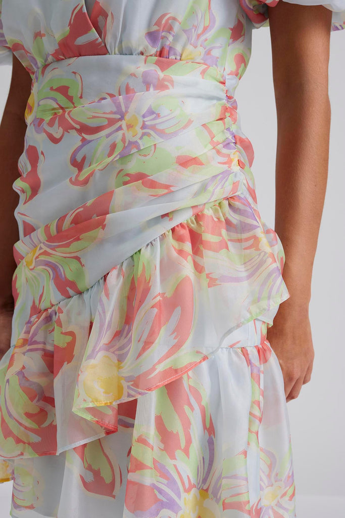 Malina Wilda Pleated Floral Print Frilled Mini Dress