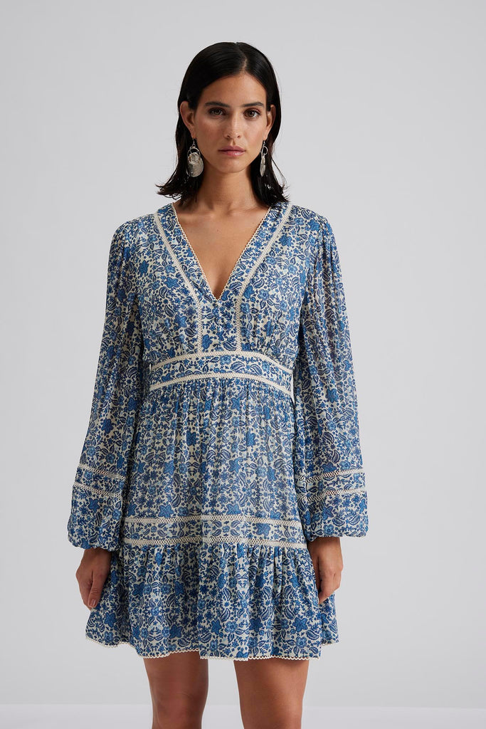 Malina Ariella Blue Floral Print Ruffled Long Sleeve Mini Dress