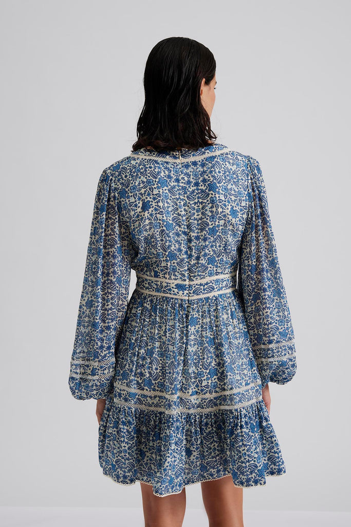Malina Ariella Blue Floral Print Ruffled Mini Dress From The Back
