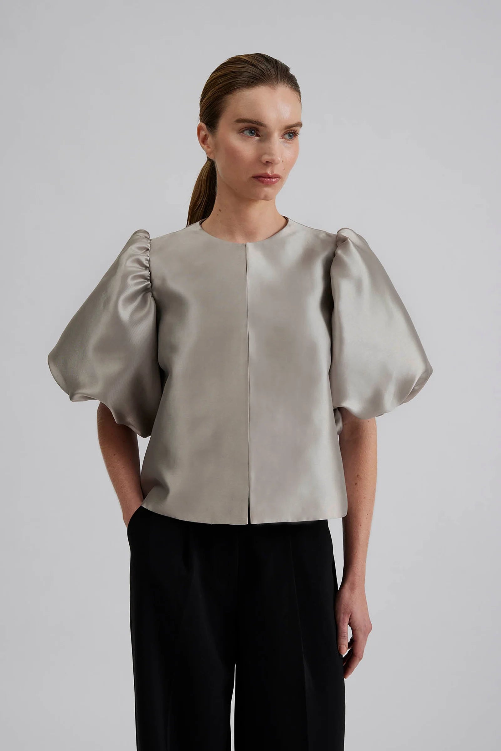 Malina Cleo Grey Satin Blouse With Poufy Balloon Sleeves