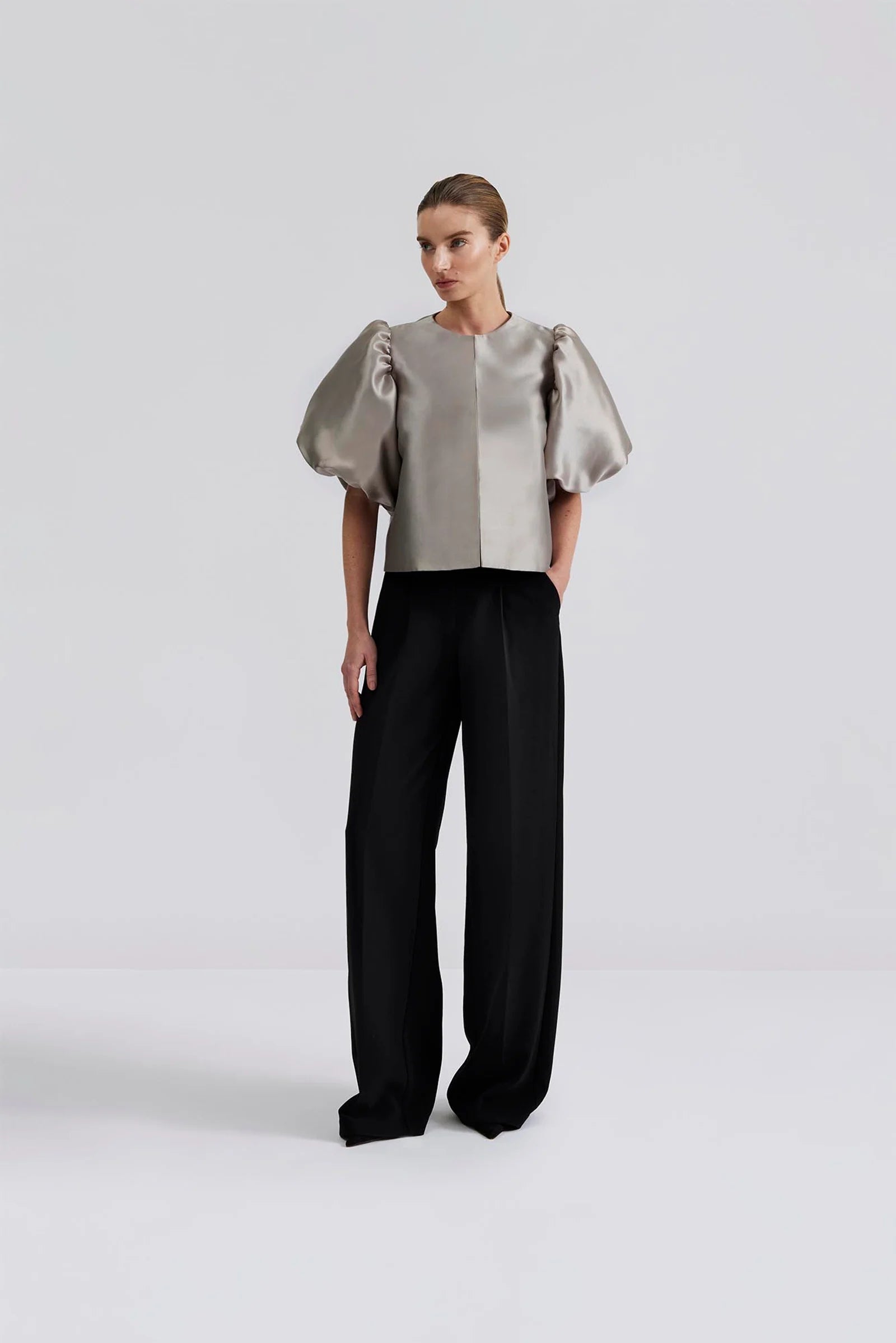 Malina Cleo Grey Blouse With Statement Balloon Sleeves 