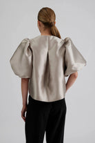 Malina Cleo Grey Blouse With Poufy Balloon Sleeves From Back 