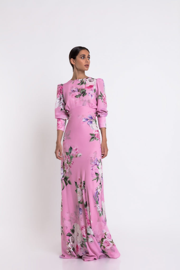 Matilde Cano Pink Floral Print Long Sleeve Maxi Dress