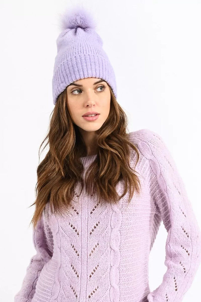 Molly Bracken Purple Knitted Pom Pom Hat