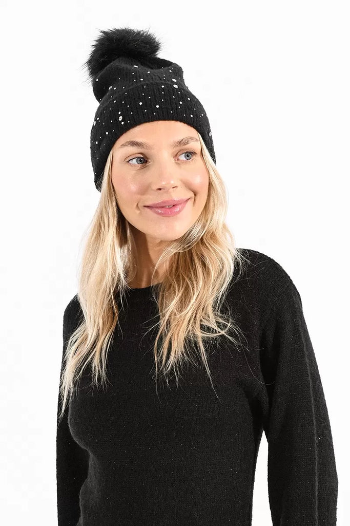 Molly Bracken Ribbed Sparkle Beanie Pom Pom Hat In Black