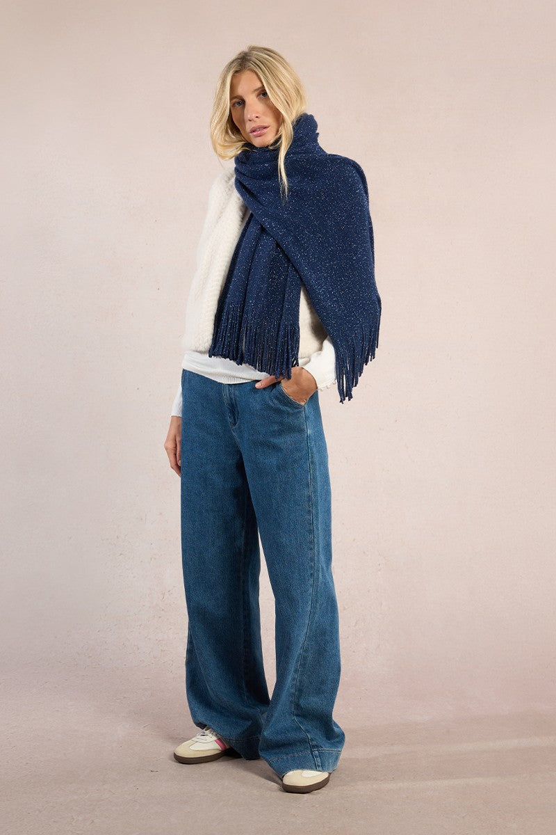 Molly Bracken navy scarf worn loose over shoulders