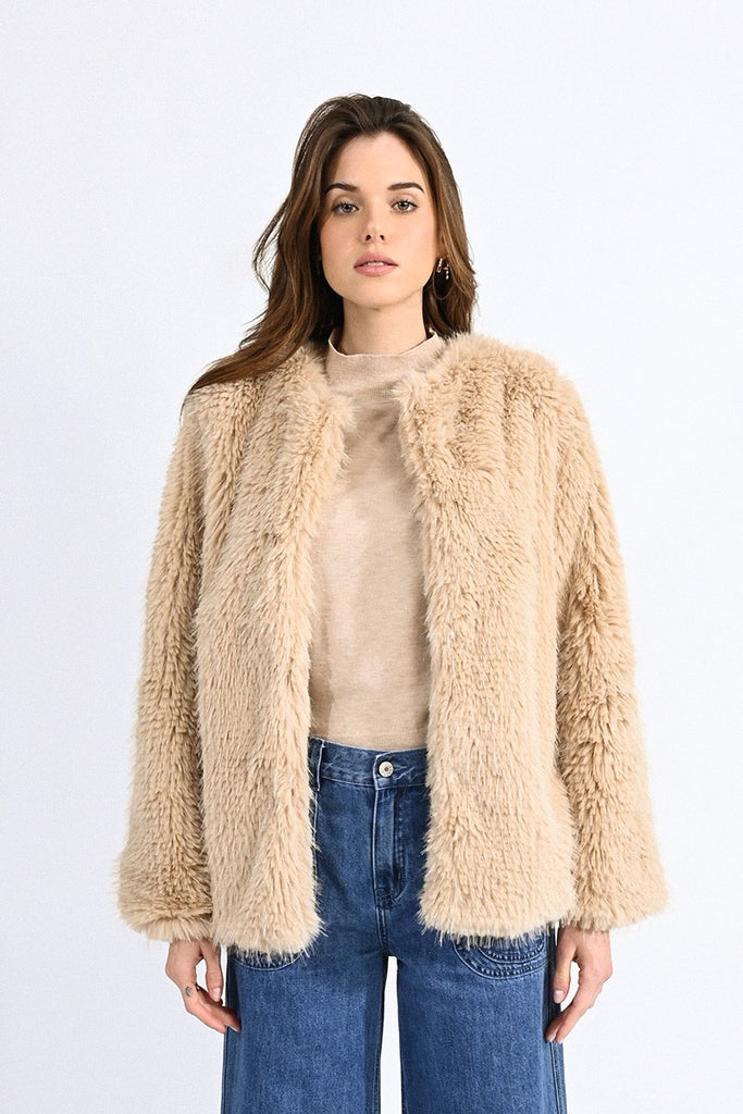 Molly Bracken Beige Short Faux Fur Coat