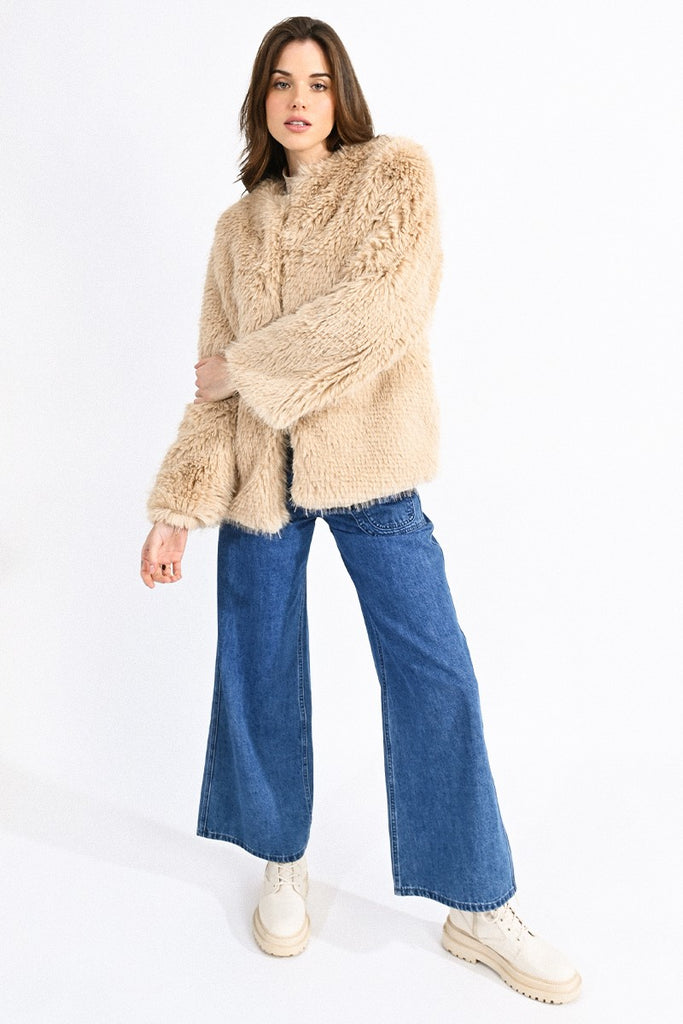 Molly Bracken Beige Short Faux Fur Coat