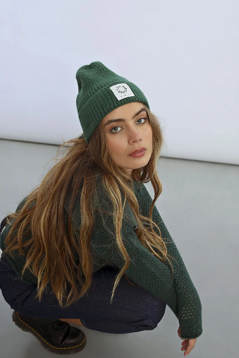 Molly Bracken khaki ribbed knit beanie hat with fold over design