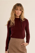Molly Bracken burgundy fine knit bow shoulder jumper front view