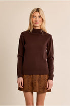 Molly Bracken chocolate brown high neck fine knit jumper front view