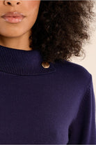 Molly Bracken purple jumper gold-tone shoulder button detail close-up