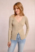 Molly Bracken V-Neck Ribbed Knit Cardigan In Golden Beige 