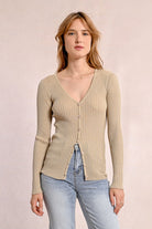 Molly Bracken Beige V-Neck Ribbed Knit Cardigan