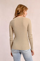 Molly Bracken Beige V-Neck Ribbed Knit Cardigan From The Back 