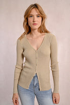 Molly Bracken V-Neck Ribbed Knit Cardigan In Golden Beige