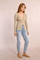 Molly Bracken V-Neck Ribbed Knit Cardigan - Beige 