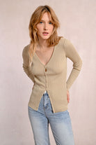 Molly Bracken V-Neck Ribbed Knit Cardigan - Golden Beige