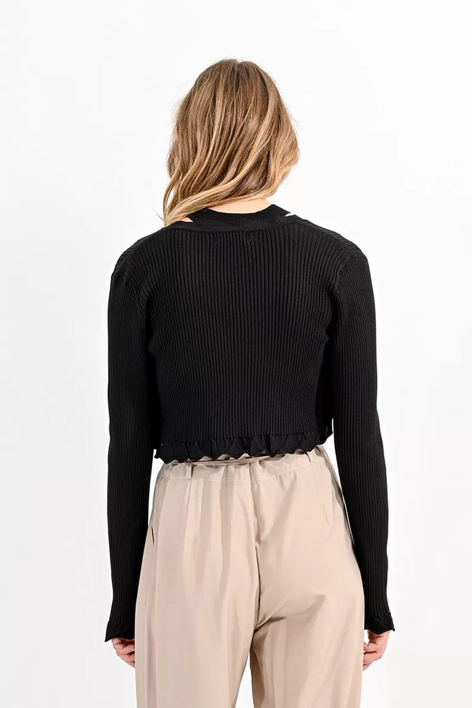 Molly Bracken Black Cropped Scalloped Trim Cardigan From The Back