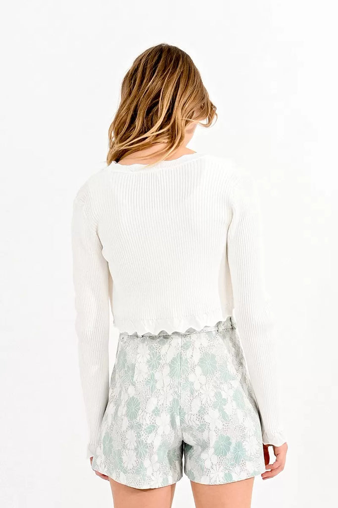Molly Bracken Cropped Scalloped Trim Cardigan From The Back