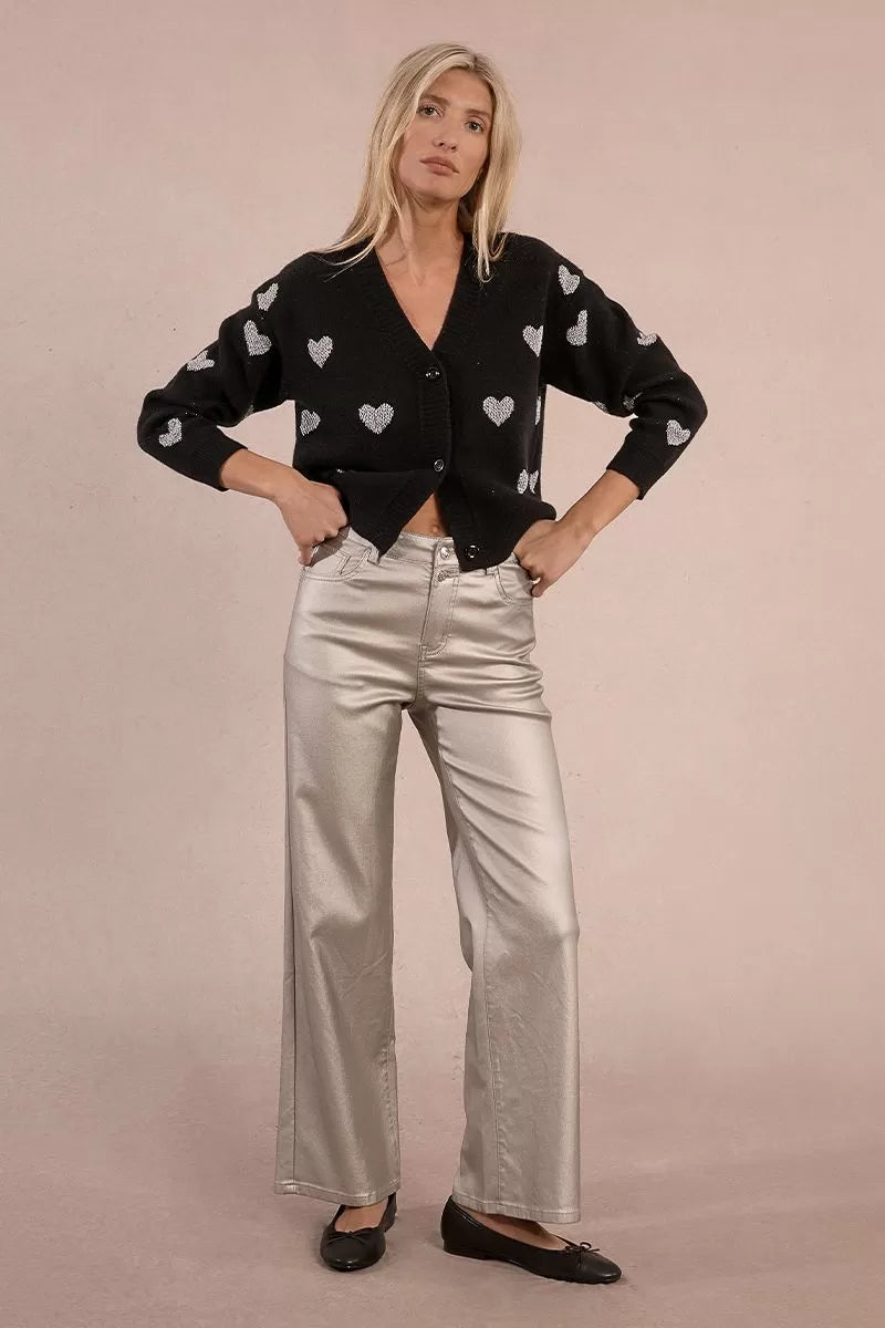 Outfit styled with Molly Bracken silver wide-leg coated high waist trousers