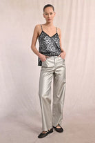 Front view of Molly Bracken silver coated high-waisted women’s jeans