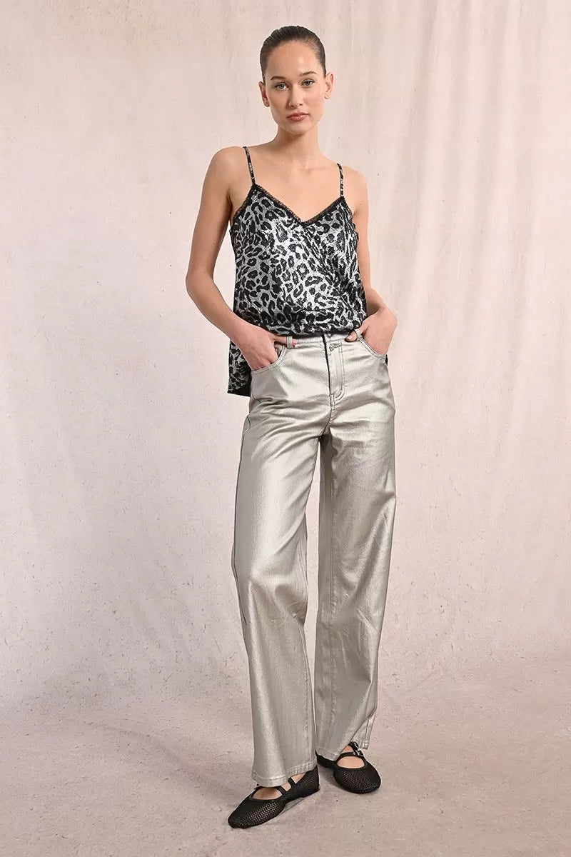 Front view of Molly Bracken silver coated high-waisted women’s jeans