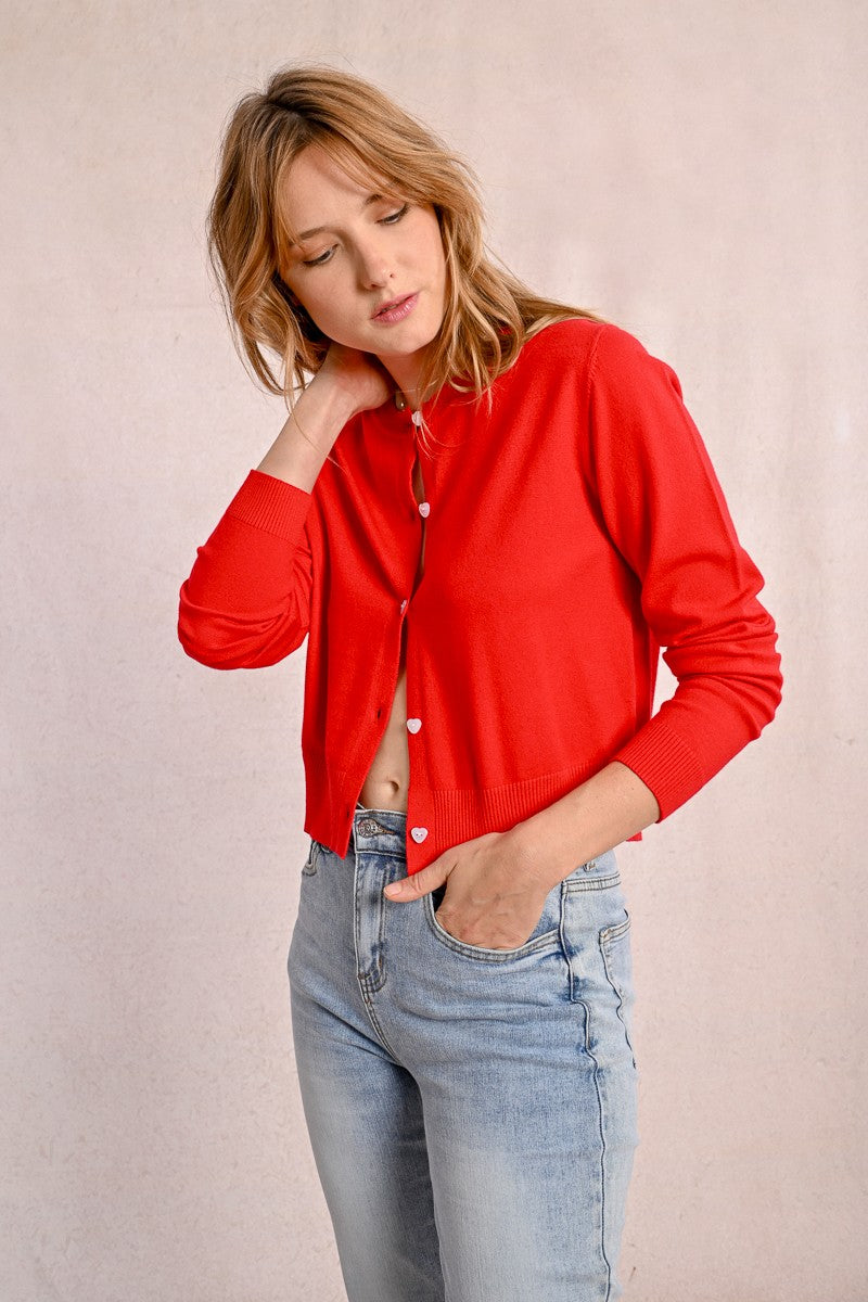 Molly Bracken Red Heart Button Cardigan With Round Neck 