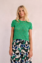 Molly Bracken Crochet Knit Short Sleeve Jumper In Green 