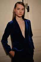 Navy velvet blazer from Molly Bracken with sleek tailored evening look