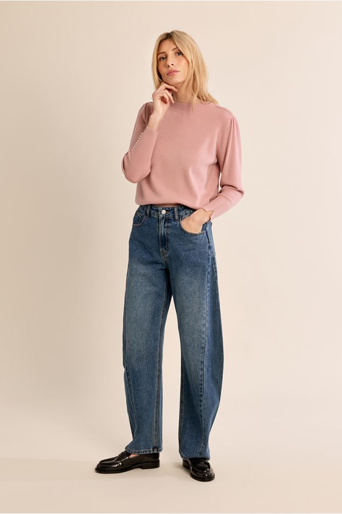 Molly Bracken pink pearl cuff knit jumper styled with blue jeans