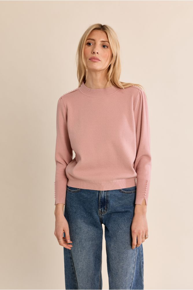 Molly Bracken women’s dusky pink crew neck jumper on model
