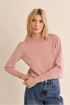 Molly Bracken dusky pink pearl beaded cuff crew neck jumper front view