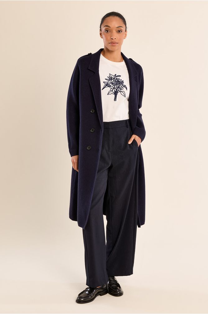 Molly Bracken women’s navy long tailored blazer coat on model