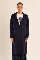 Molly Bracken navy double-breasted long coat front view