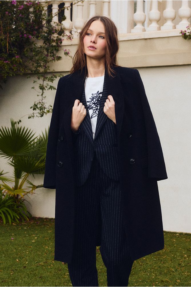 Molly Bracken navy long double-breasted tailored coat front view